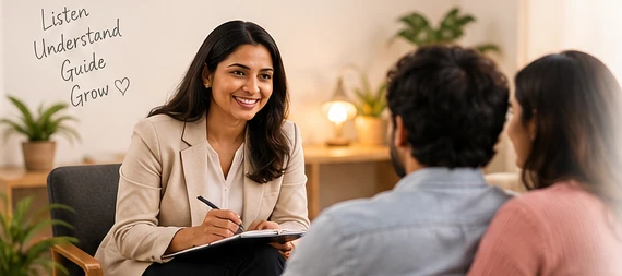 AI-created illustration of a relationship counsellor speaking with a couple in a calm counselling room